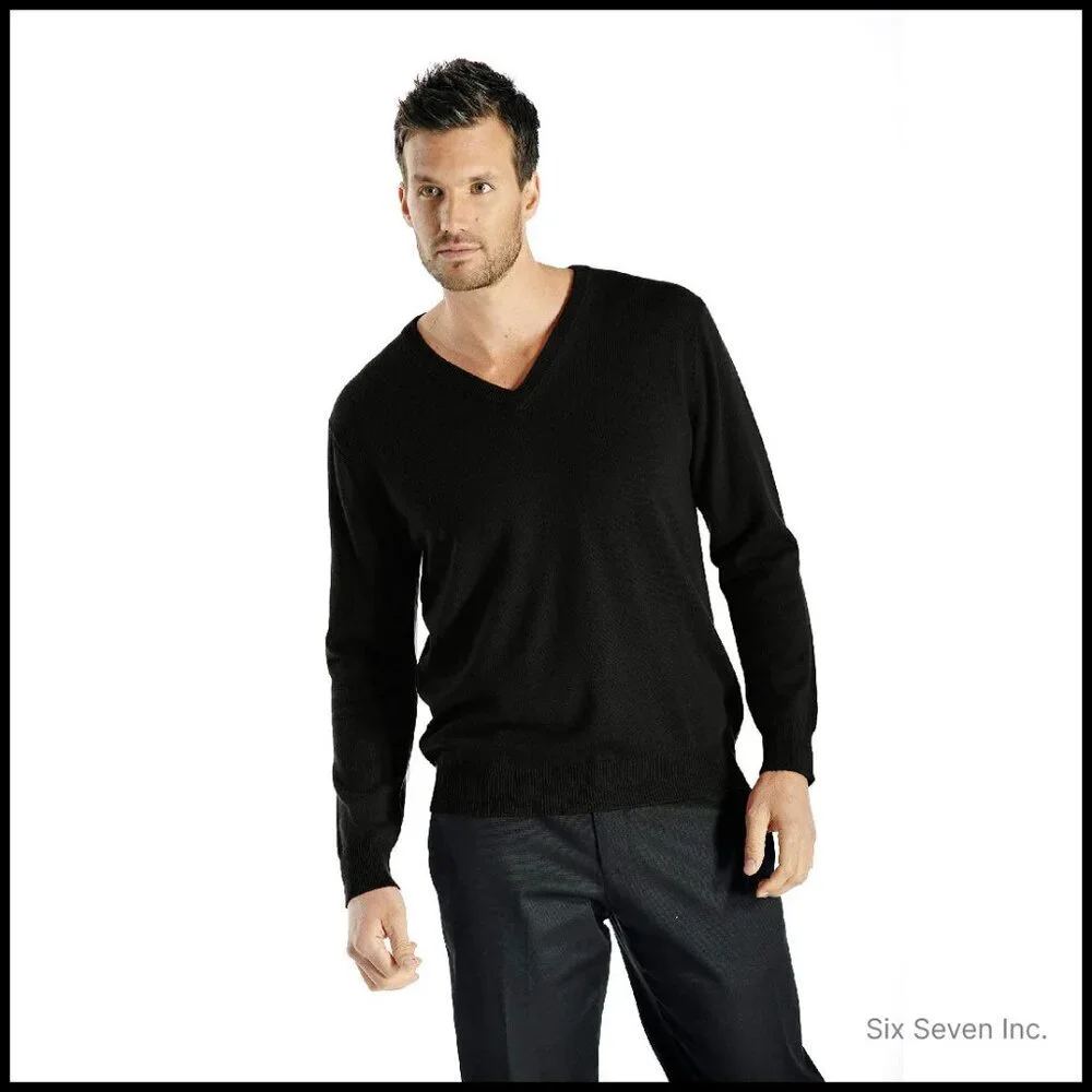 Men's Classic V-Neck Pullover Sweater 100% Pure Cashmere Long Sleeve Elegant